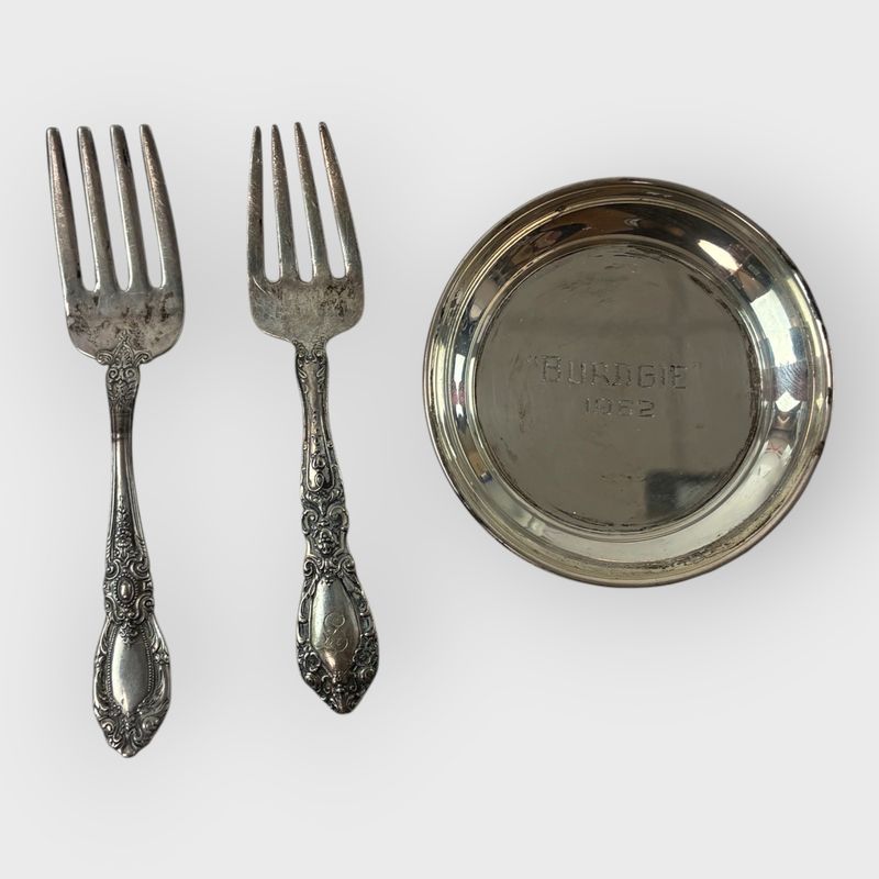 Sterling Silver Baby Fork & Spoon, & Salt Cellar 62 Grams