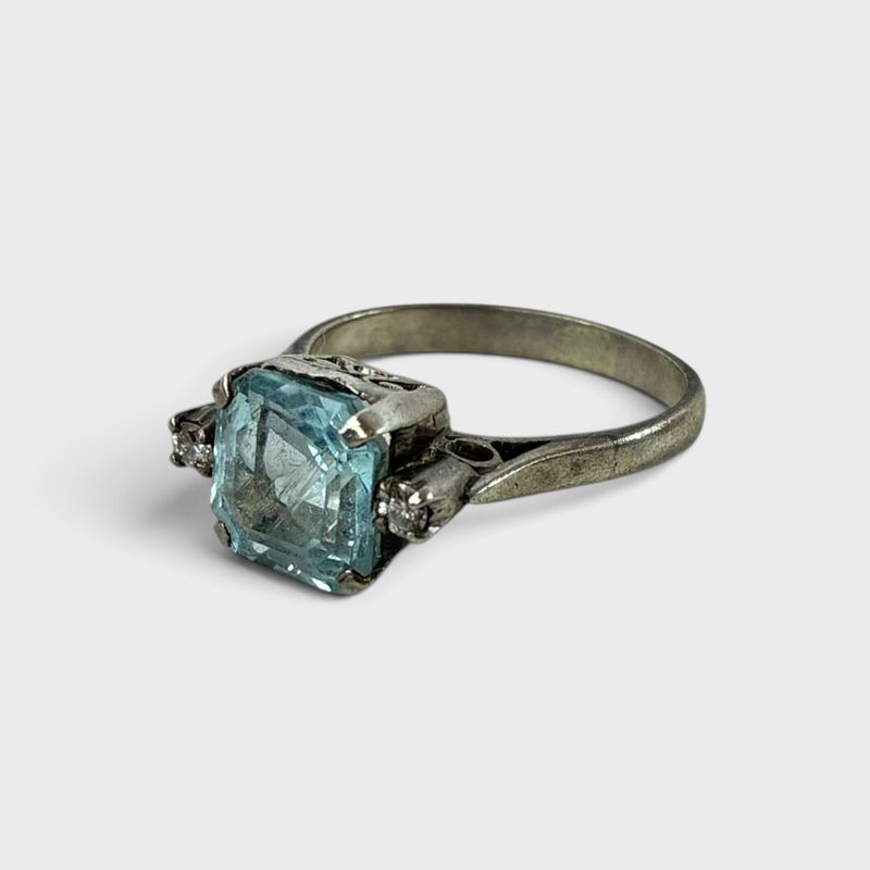 Sterling Silver Blue Topaz & Diamond Ring Size 4.75