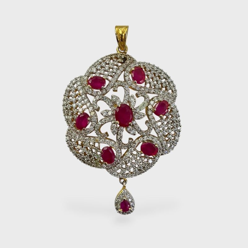 Gold Tone Ruby & Clear Gemstone Statement Pendant