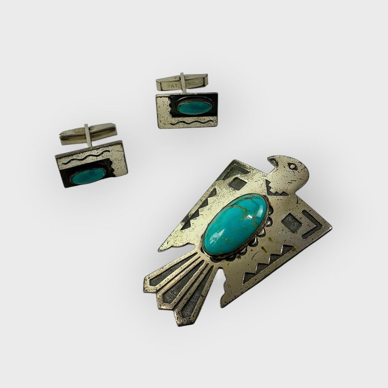 Native American Sterling Silver Turquoise Thunderbird Bolo Tie & Matching Cufflinks