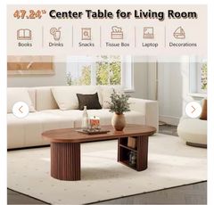 ATHMILE47.24 in. Walnut Oval MDF Coffee Table with 2 Storage Space - Image 1