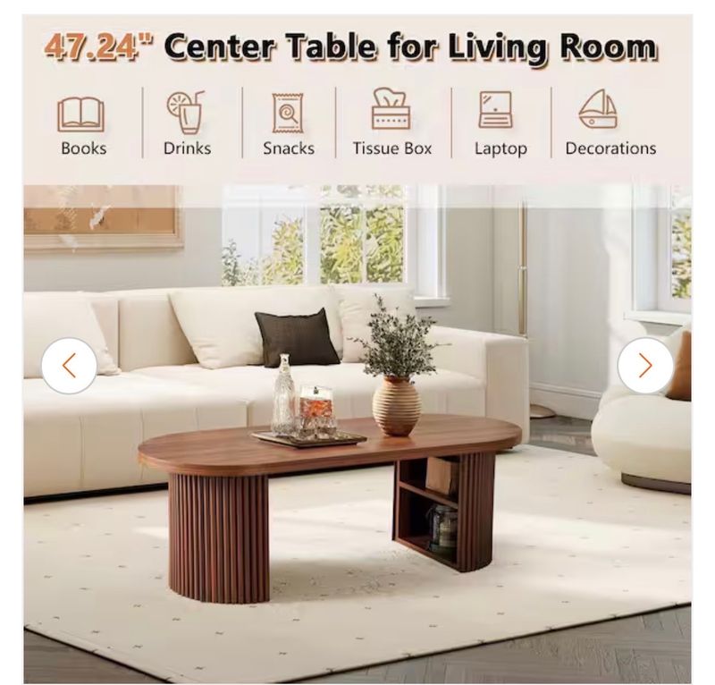 ATHMILE47.24 in. Walnut Oval MDF Coffee Table with 2 Storage Space - Image 1