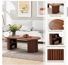 ATHMILE47.24 in. Walnut Oval MDF Coffee Table with 2 Storage Space - Image 2