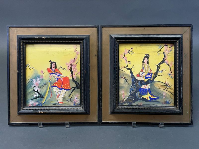 Pair Framed Asian Style Painted Figures on Glass - Image 1