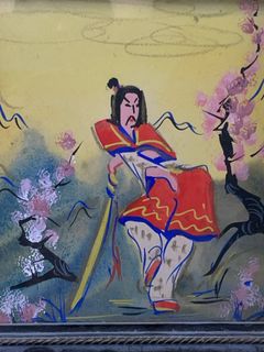 Pair Framed Asian Style Painted Figures on Glass - Image 2