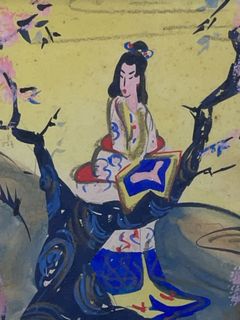 Pair Framed Asian Style Painted Figures on Glass - Image 3