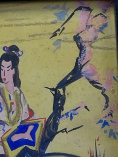 Pair Framed Asian Style Painted Figures on Glass - Image 6