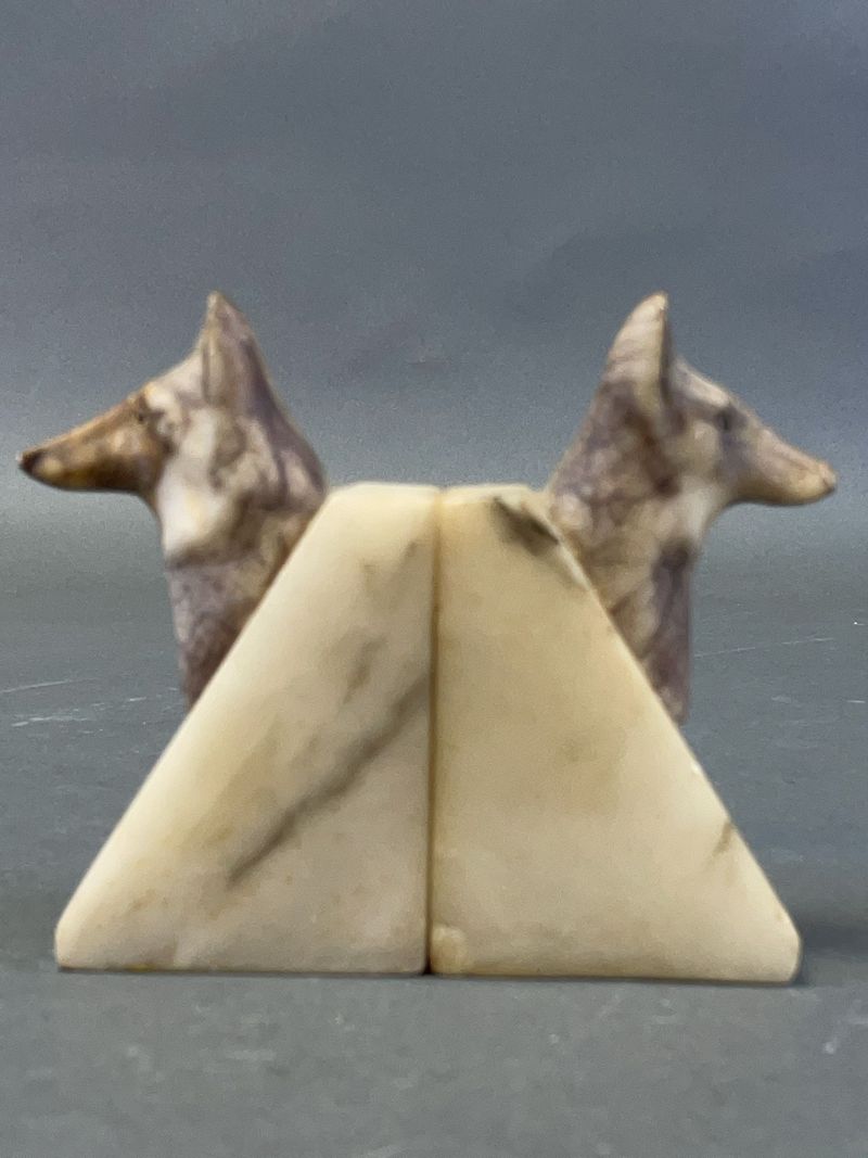 Italian Marble Dog Head Bookends, Signed - Image 1