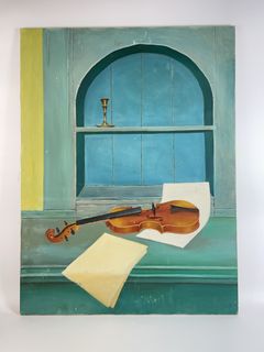 P. Jurash Still Life Oil Painting Violin Shelf - Image 1