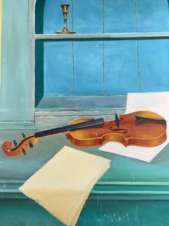 P. Jurash Still Life Oil Painting Violin Shelf - Image 2
