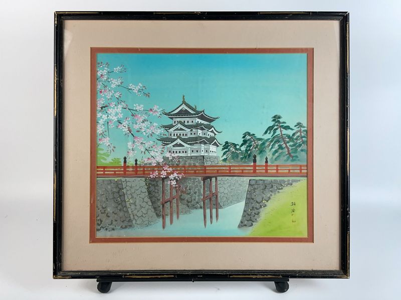 Japanese Castle Bridge Painting Signed Framed - Image 1