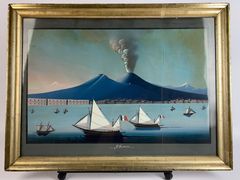 Gouache Painting Il Vesuvio With Sailboats - Image 1