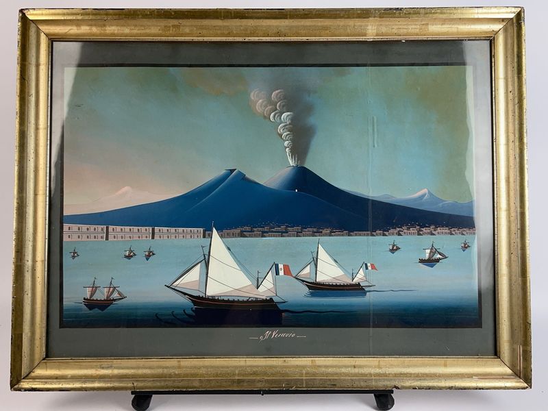 Gouache Painting Il Vesuvio With Sailboats - Image 1