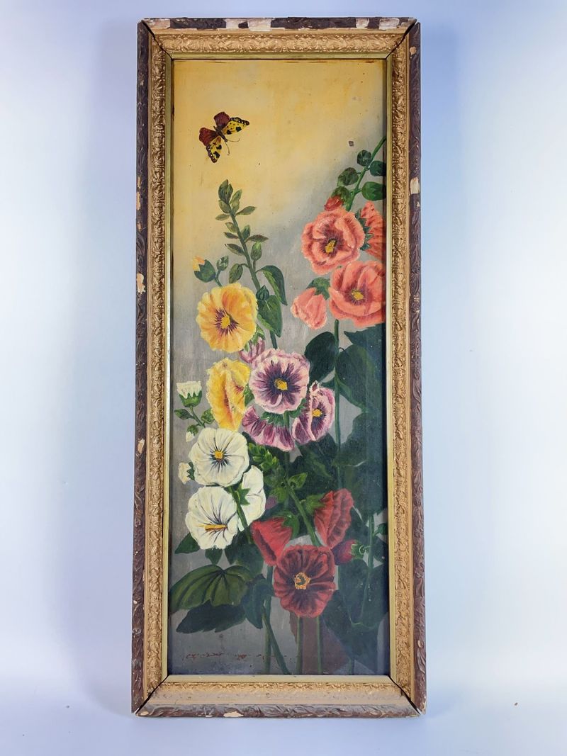 Framed Oil Painting of Flowers and Butterfly - Image 1