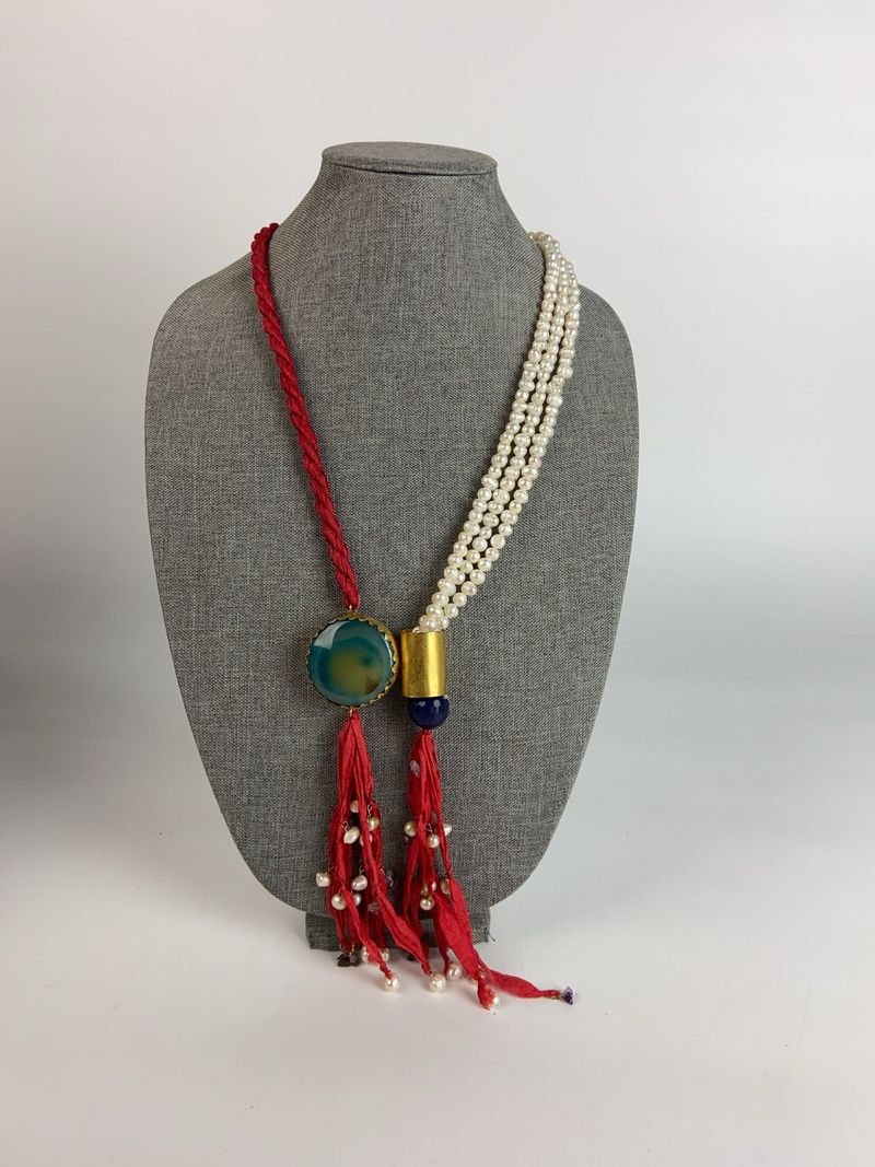 Multi-Strand Pearl and Agate Statement Necklace - Image 1