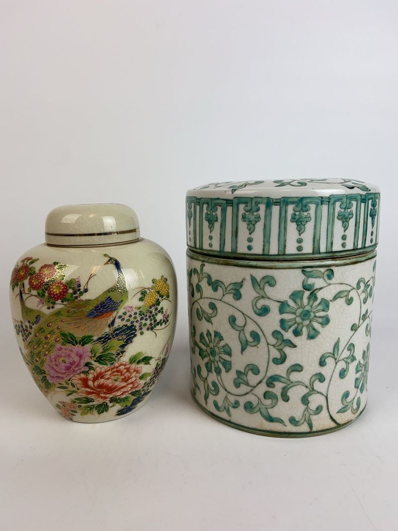 Satsuma Peacock Jar & Korean Celadon Jar Pair - Image 1
