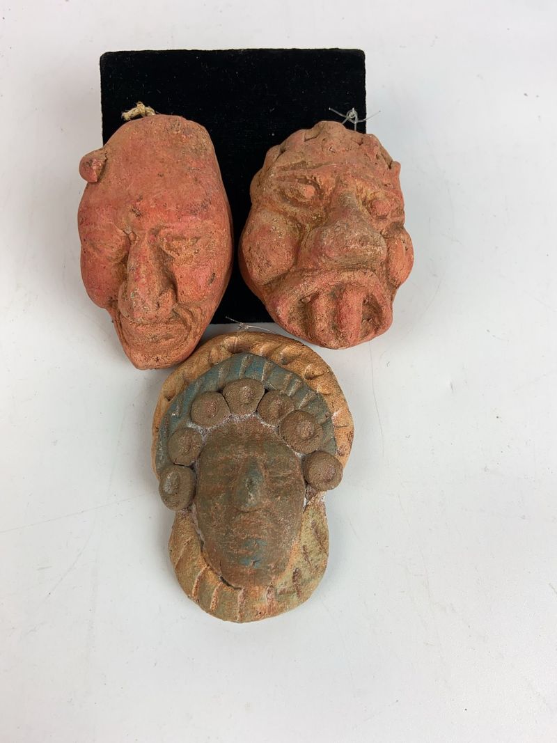 3 Pre-Columbian Style Clay Face Plaques - Image 1