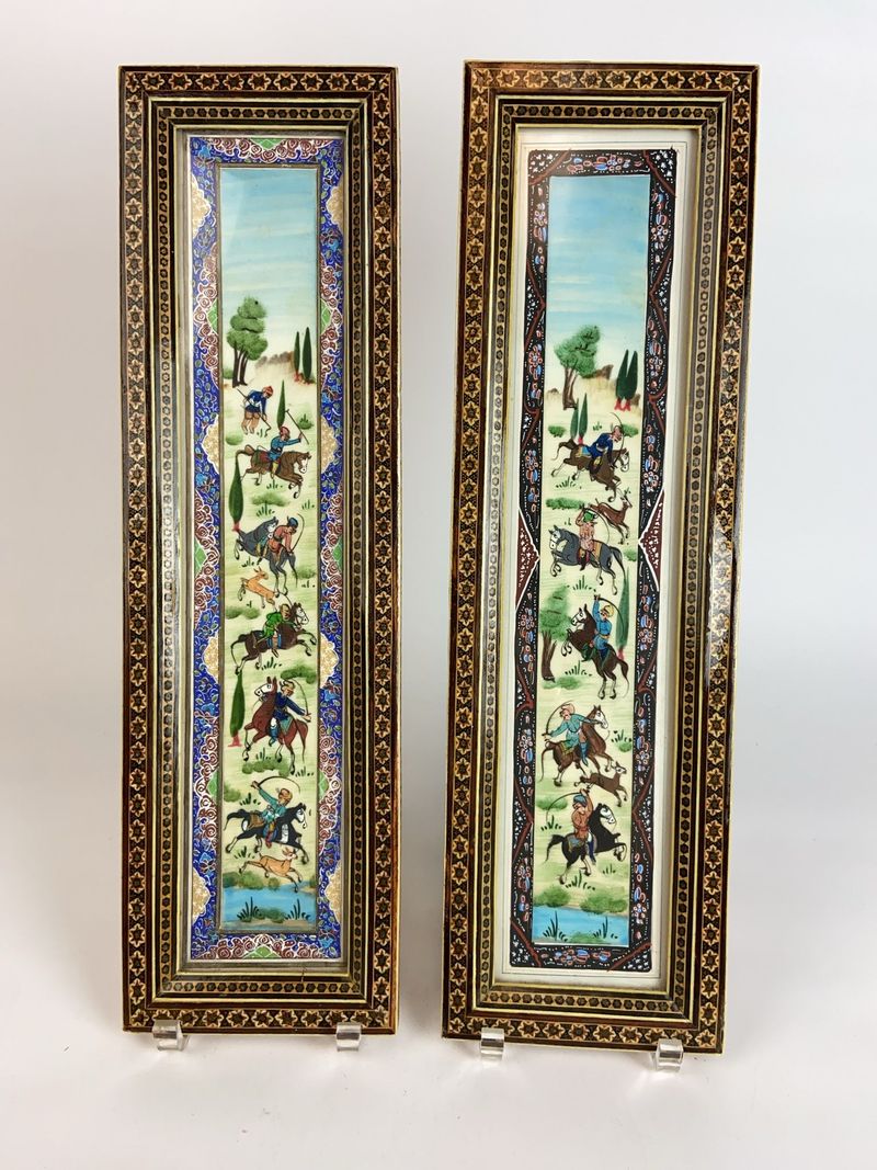 Pair Persian Miniature Paintings in Khatam Frames - Image 1