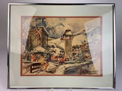 Signed Winter Village Scene Print, Framed - Image 1