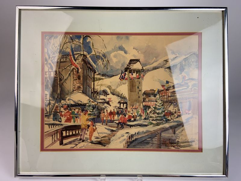 Signed Winter Village Scene Print, Framed - Image 1