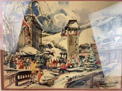 Signed Winter Village Scene Print, Framed - Image 2