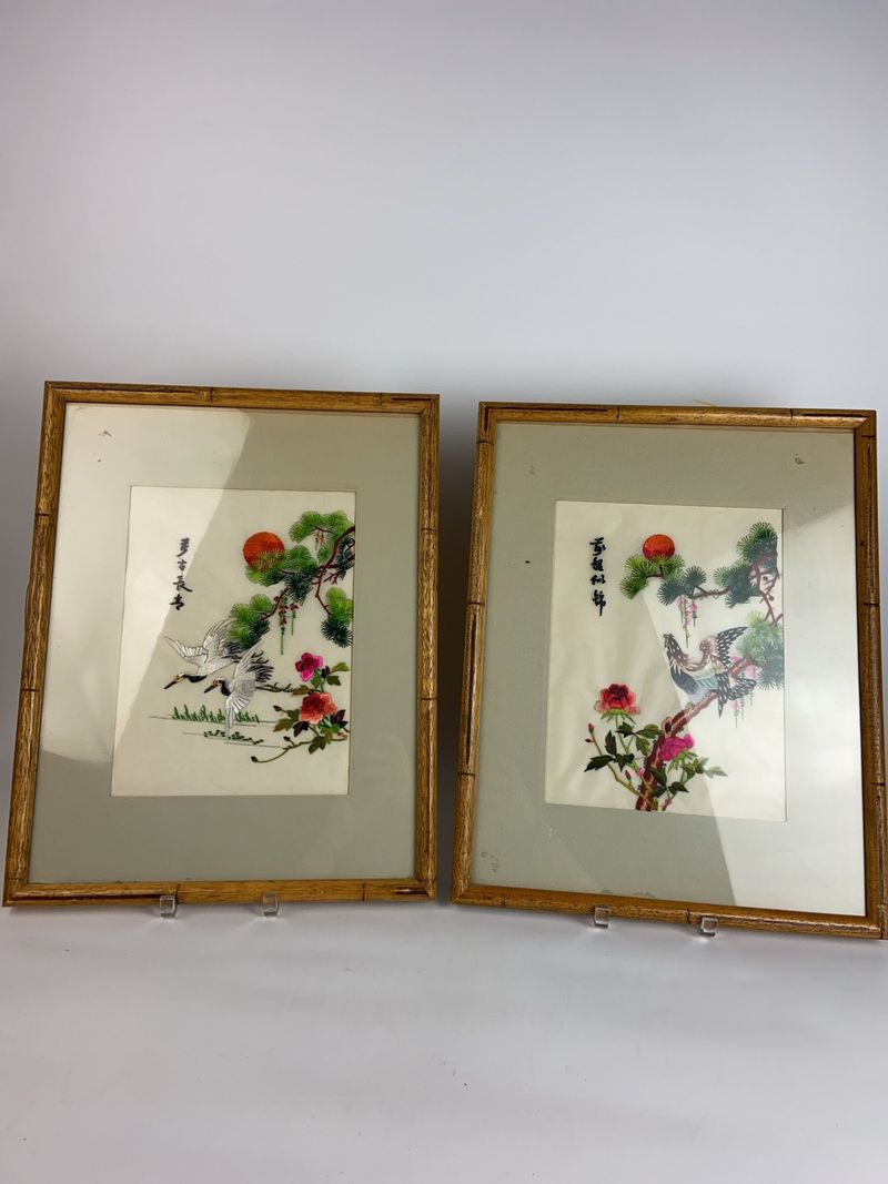 Pair Chinese Silk Embroidery Bird Scenes, Framed - Image 1