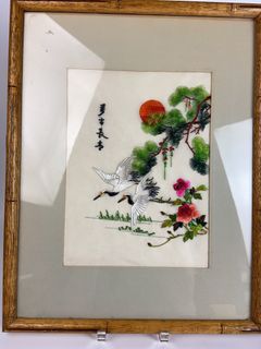 Pair Chinese Silk Embroidery Bird Scenes, Framed - Image 2