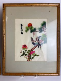 Pair Chinese Silk Embroidery Bird Scenes, Framed - Image 5