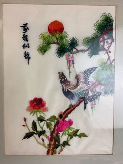 Pair Chinese Silk Embroidery Bird Scenes, Framed - Image 6