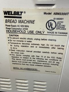 Welbilt Electric Bread Machine Model ABM2200T Countertop Appliance - Image 4