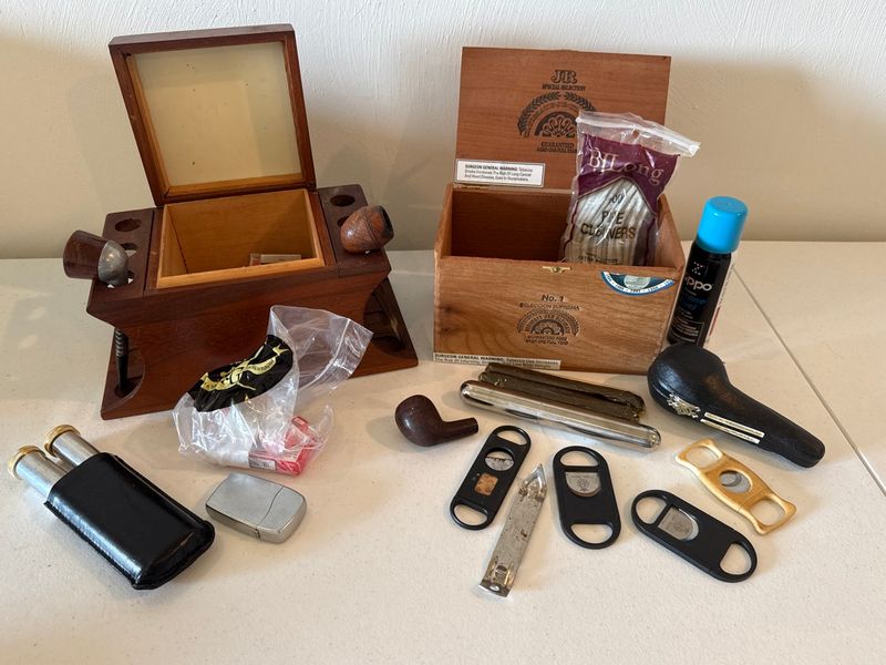 Wooden Pipe Humidor Stand, Smoking Pipes, and Cigar Accessories Lot - Image 1