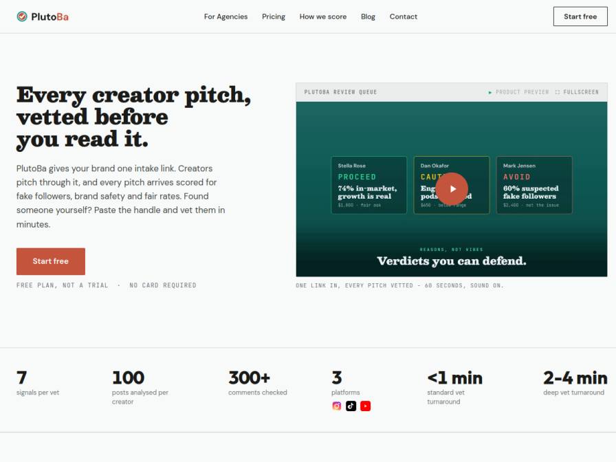 Saved screenshot of PlutoBa - Every creator pitch, vetted before you read it