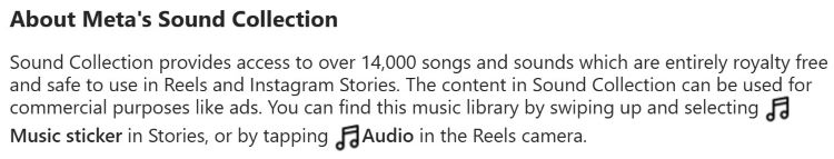 Meta Help excerpt “About Meta’s Sound Collection” explaining royalty-free tracks for Reels/Stories and ads, plus where to access via Music sticker/Audio.