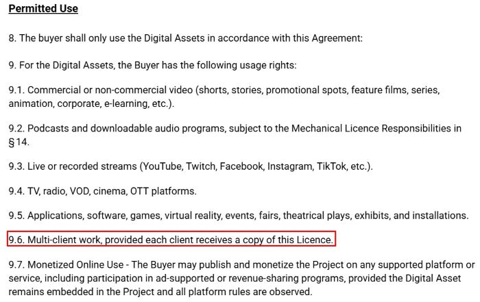 License agreement excerpt highlighting “multi-client work” allowed if each client receives a copy - clean hand-offs for agencies and brands.