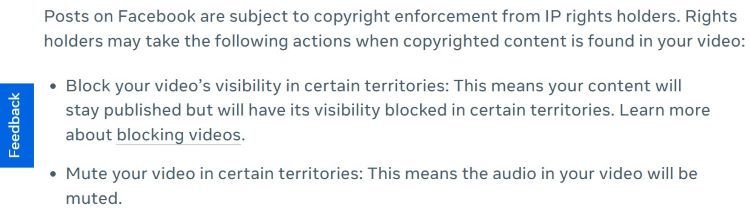 Facebook Help screenshot noting rights-holder actions to block or mute videos in certain territories—illustrates region/account variability.