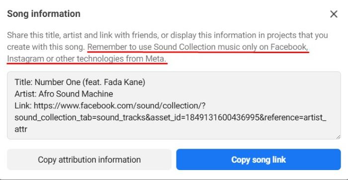 Sound Collection “Song information” dialog reminding use only on Facebook, Instagram, or other Meta technologies—Meta-only scope vs cross-platform use.
