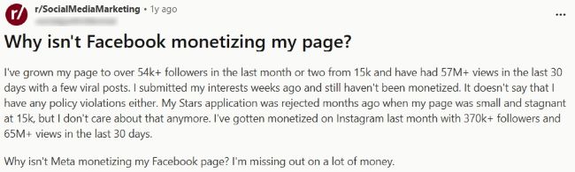 Reddit post asking why Facebook is not monetizing a Page despite rapid follower and view growth and no visible policy violations.