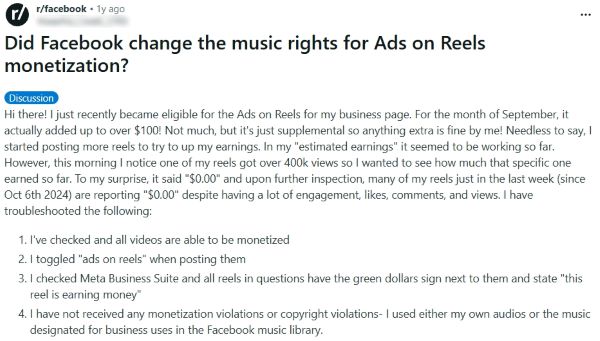 Reddit post asking if Facebook changed music rights for Ads on Reels after eligible Reels started showing $0 earnings.