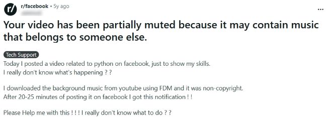 Reddit post showing a Facebook notice that a video was partially muted because it may contain music owned by someone else.