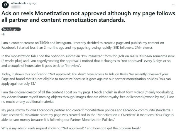 Reddit post about Ads on Reels monetization not approved even though the Page appears to follow partner and content monetization standards.