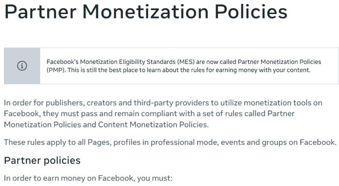 Facebook help center page explaining Partner Monetization Policies, describing rules for publishers, creators, and providers to access monetization tools across Pages, profiles, events, and groups.
