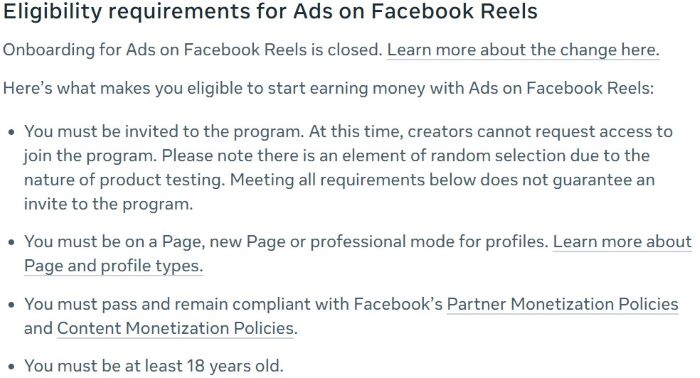 Facebook help page showing eligibility requirements for Ads on Reels. Program onboarding is closed. Eligibility includes invite-only access, Page or professional mode use, PMP and CMP compliance, and age 18+