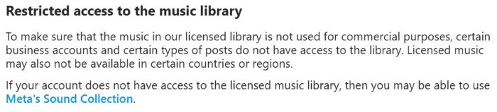 Instagram Help Center screenshot explaining restricted access to licensed music library for business accounts and regional limits.
