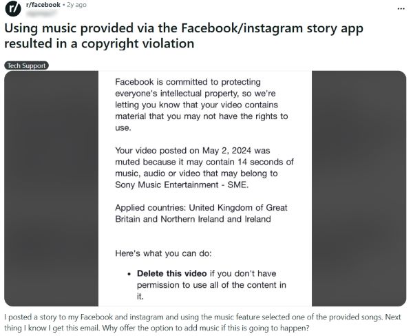 Reddit r/facebook screenshot showing a Story muted after using in-app music, with a notice referencing Sony Music and listing applied countries (UK and Ireland).