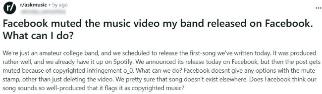 Reddit r/askmusic screenshot asking why Facebook muted an original band’s music video release and what actions are available beyond deleting.
