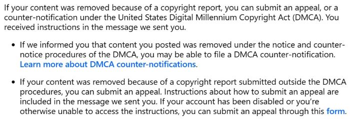 Facebook copyright help page explaining DMCA counter-notification and appeal options after removal.