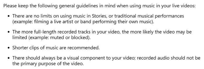 Instagram Help Center screenshot outlining general music rules for Stories, long videos, and live recordings.