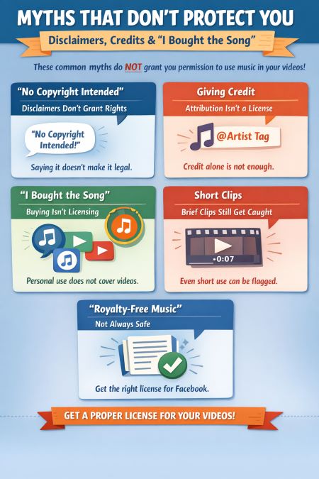 Infographic with myths that don’t protect you: disclaimers, credits, and “I bought the song”