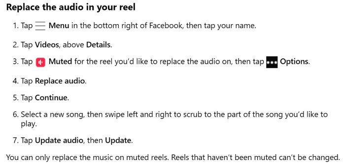 Facebook Help steps showing how to replace audio in a muted Reel with a Sound Collection track.