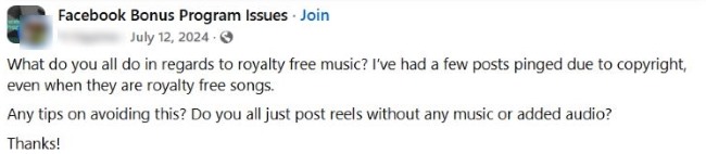 Screenshot of a Facebook group post asking what “royalty free music” really means after posts were pinged for copyright despite “royalty free” songs.